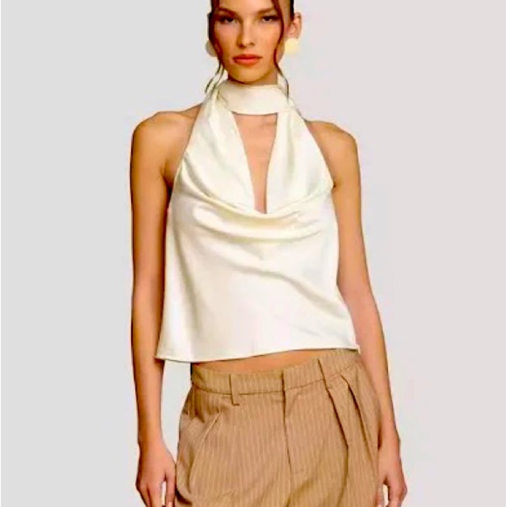 Commense Tie Neck Halter Top Cream Sleeveless Mock Neck Blouse Size Small NWT